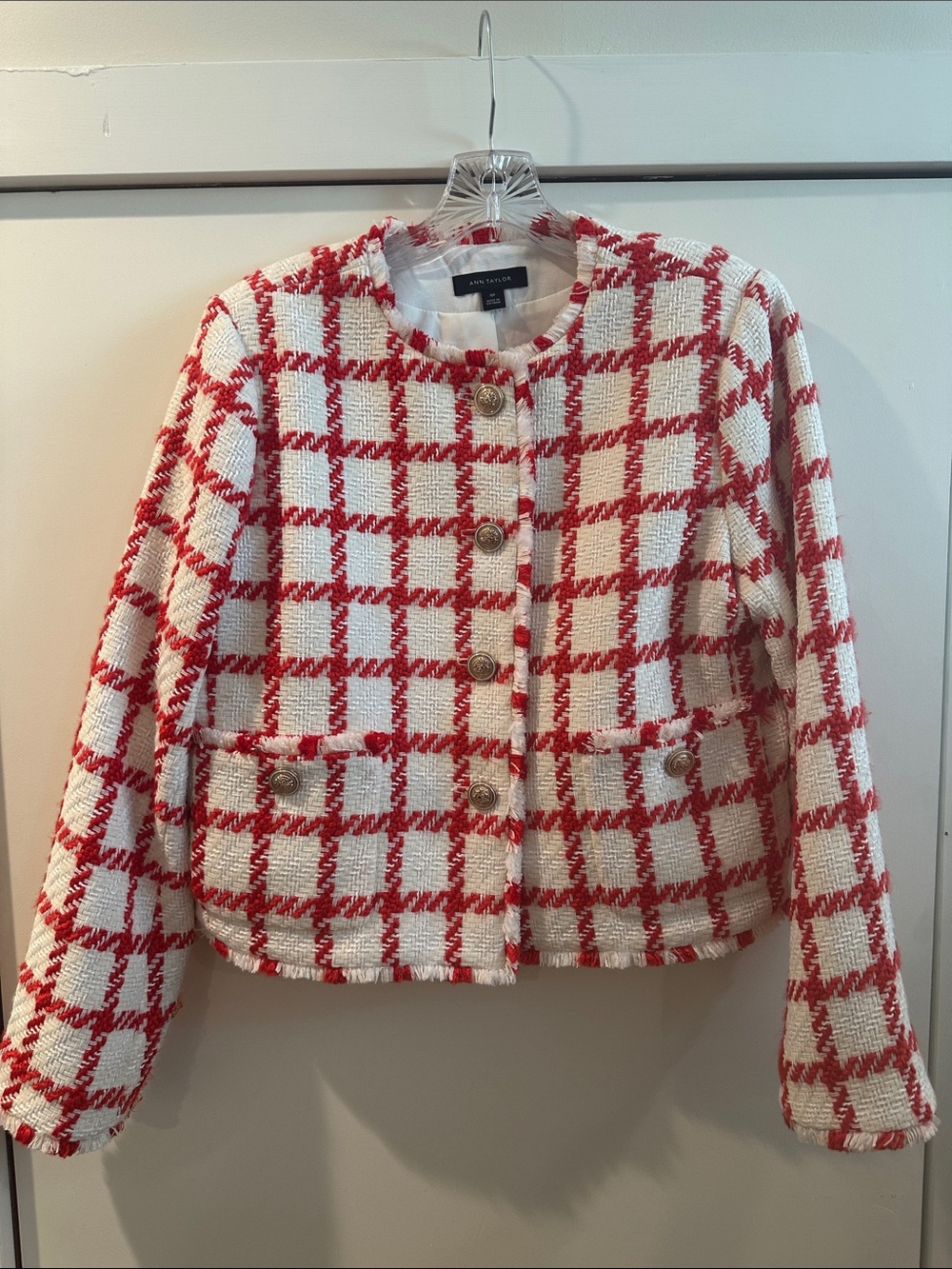 Ann Taylor Red and White Plaid Tweed Cropped Blazer